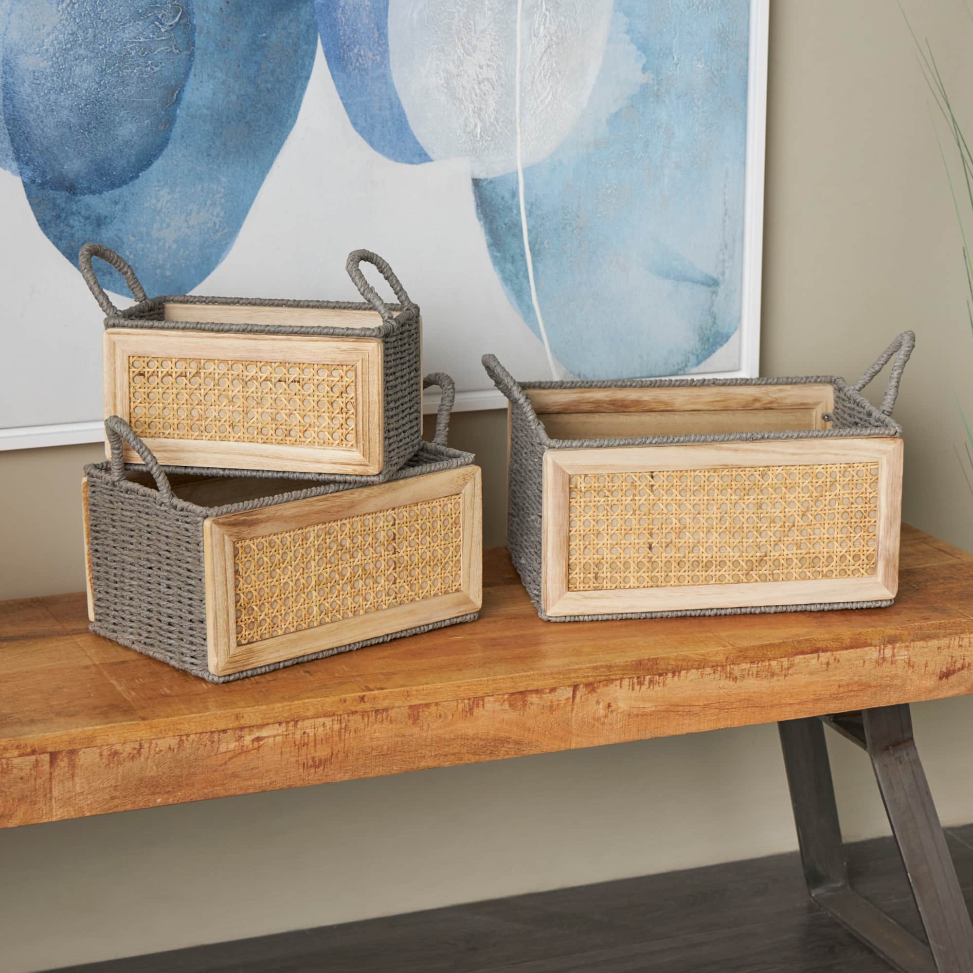 Light Brown Rattan Woven Basket with Gray Rope Handles, 3ct.